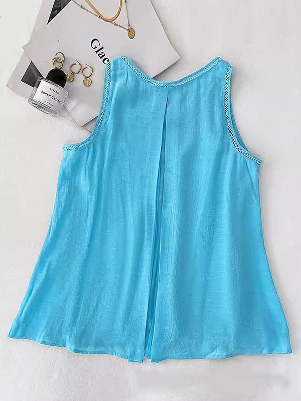 Solid Color Split-Back Split-Front Split-Joint Loose Sleeveless Round-Neck Vest Top