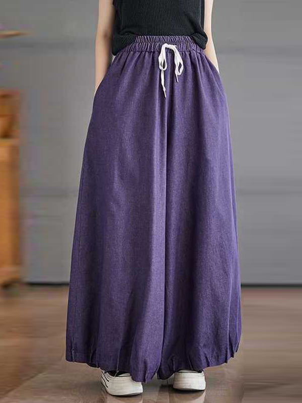Drawstring Elasticity Pleated Pockets High Waisted Loose Pants Knickerbockers Culotte