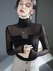See-Through Solid Color Split-Joint Long Sleeves Skinny High Neck Blouses&Shirts Tops