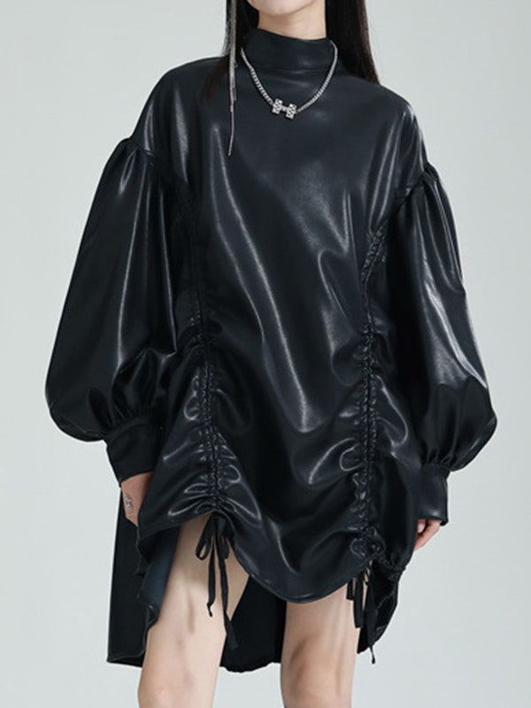 Drawstring Pleated Solid Color High-Low Long Sleeves Stand Collar Mini Dresses