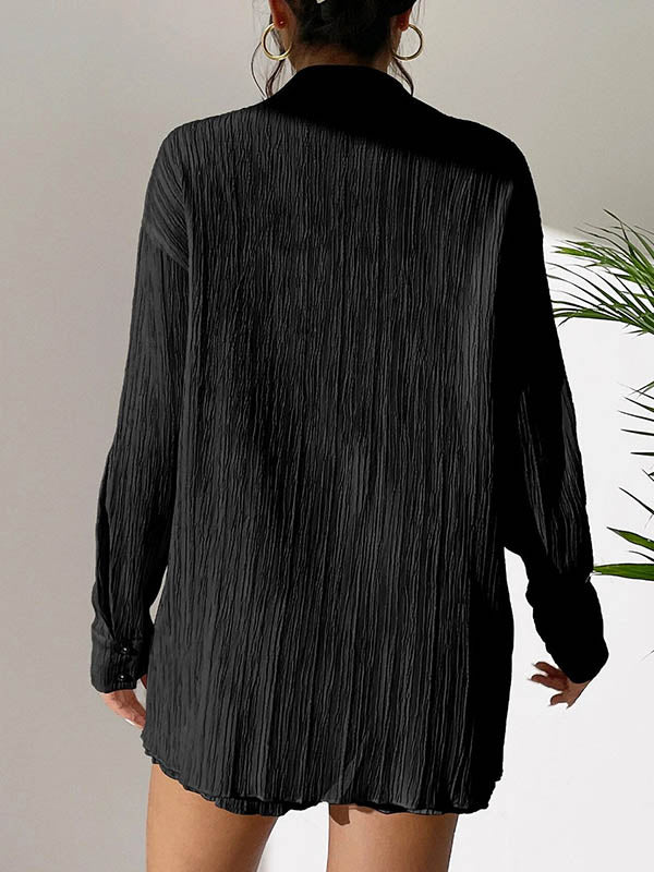 Loose Buttoned Long Sleeves Pleated Solid Color Lapel Shirts Top + Elasticity Shorts Bottom Two Pieces Set