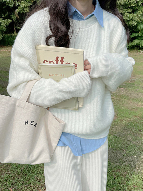 Solid Color Long Sleeves Loose Round-Neck Sweater Tops Pullovers