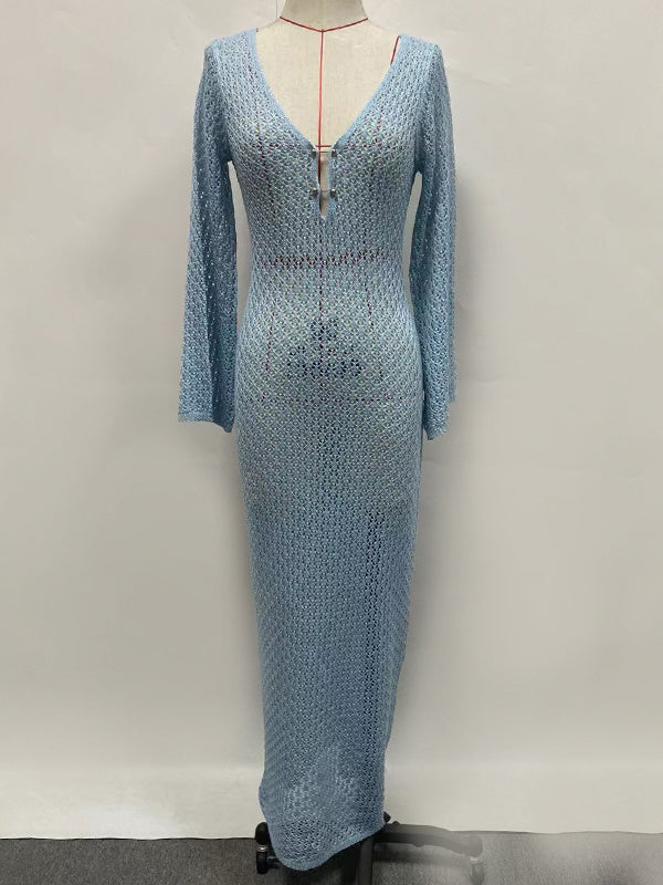 Hollow See-Through Smocked Solid Color Sun protection Loose Deep V-Neck Maxi Dresses Beach Cover-Up