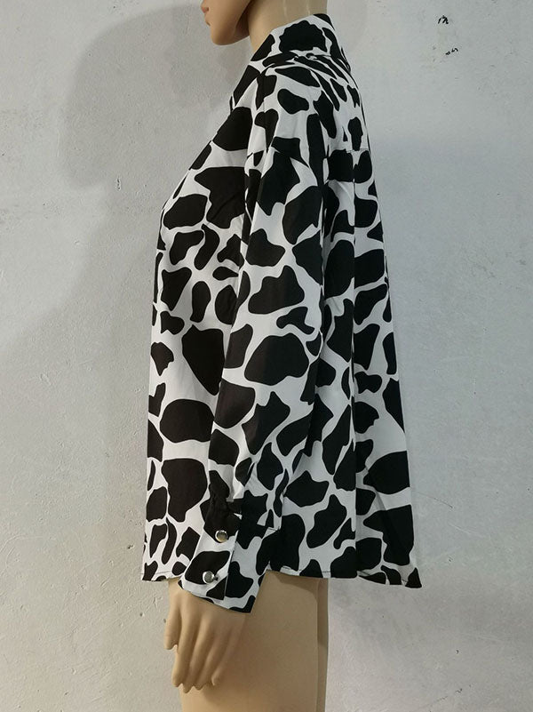 Contrast Color Printed Long Sleeves Loose Lapel Blouses