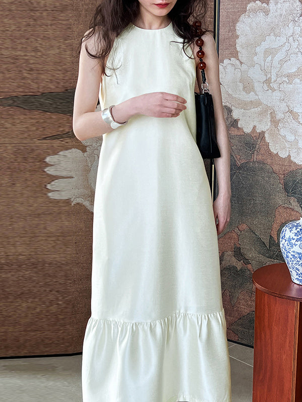 Pleated Solid Color Split-Joint Loose Sleeveless Round-Neck Maxi Dresses