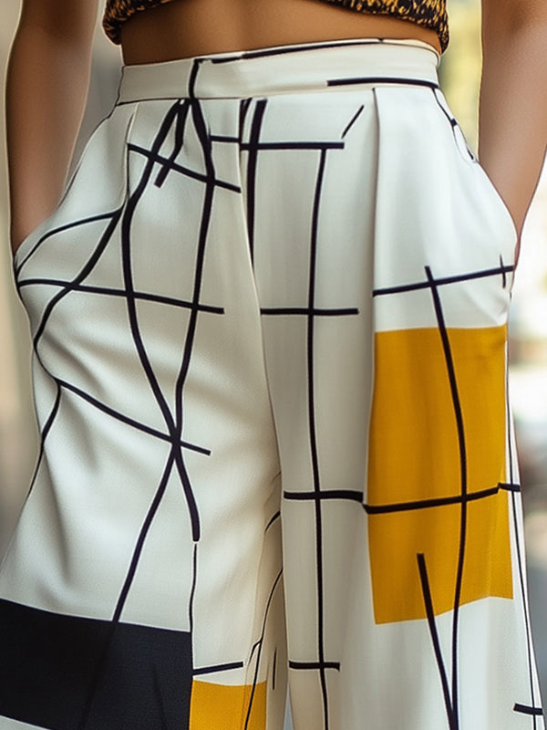 Asymmetric Printed Split-Joint High Waisted Loose Trousers Pants