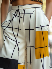 Asymmetric Printed Split-Joint High Waisted Loose Trousers Pants