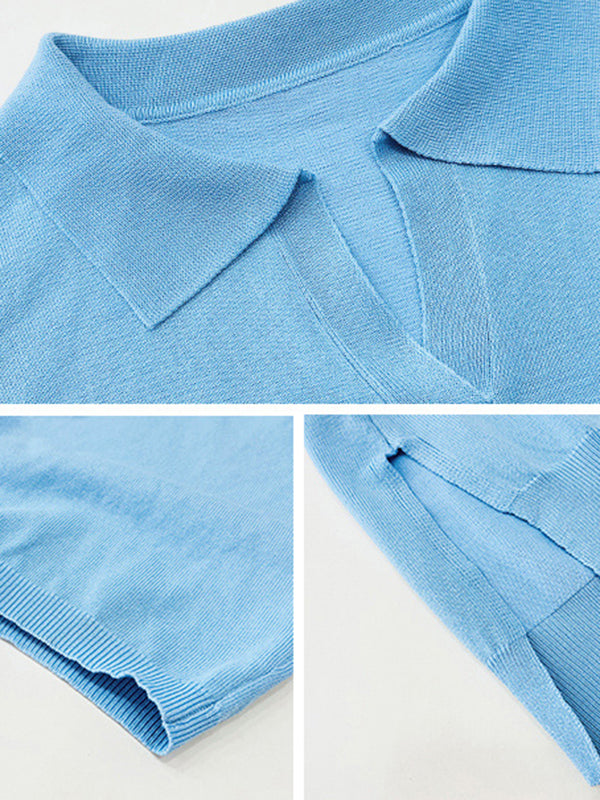Solid Color Split-Joint Loose Three-Quarter Sleeves Lapel T-Shirts