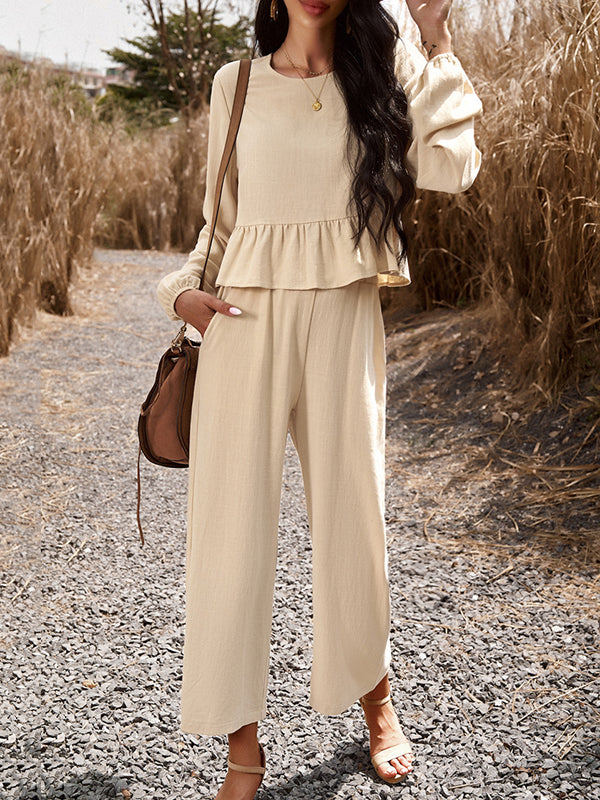 Round-Neck Long Sleeves Loose Pleated Solid Color Split-Joint Shirts Top + Pants Bottom Two Pieces Set