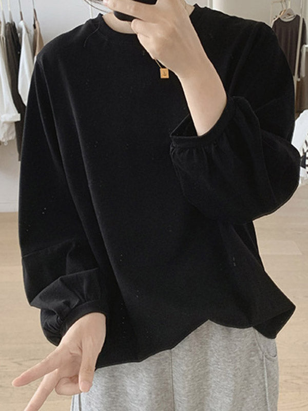Pleated Solid Color Long Sleeves Loose Round-Neck T-Shirts Tops