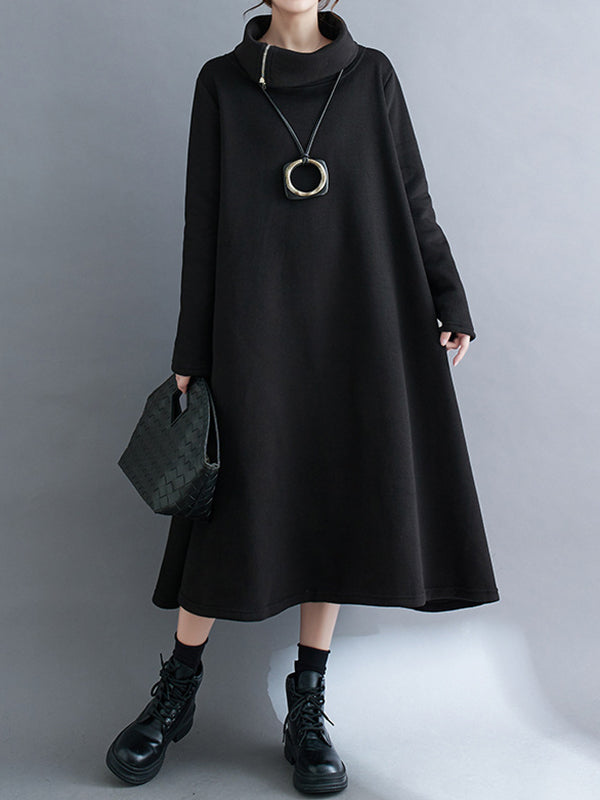 Asymmetric Solid Color Zipper A-Line Long Sleeves High Neck Midi Dresses