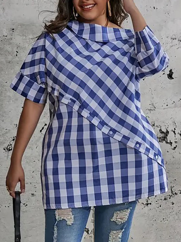 Asymmetric Buttoned Plaid Half Sleeves Loose One-Shoulder Blouses&Shirts Tops