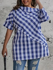 Asymmetric Buttoned Plaid Half Sleeves Loose One-Shoulder Blouses&Shirts Tops