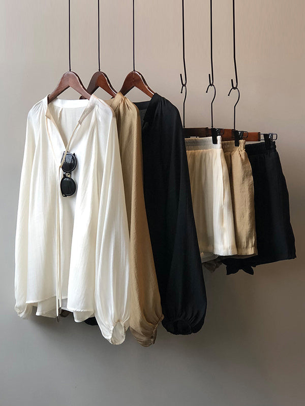 Split-Joint Solid Color  Sun Protection Tied V-neck Long Sleeves Top + Shorts Two Pieces Set