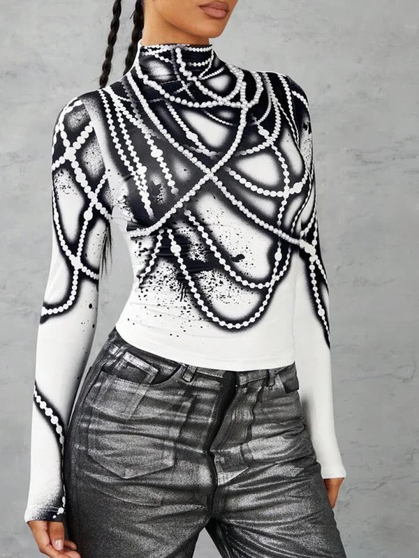 Printed Striped Long Sleeves Skinny High Neck T-Shirts Tops