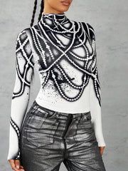Printed Striped Long Sleeves Skinny High Neck T-Shirts Tops