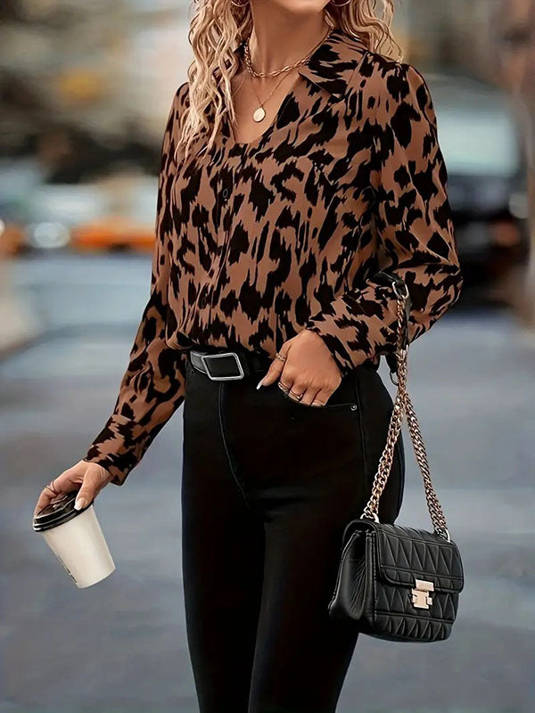 Buttoned Contrast Color Printed Long Sleeves Loose Lapel Blouses&Shirts Tops