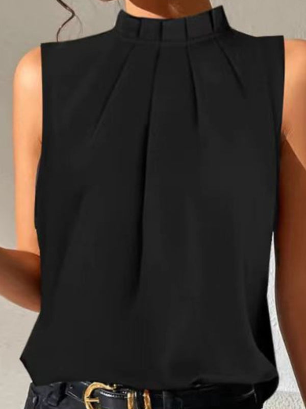 Pleated Solid Color Split-Joint Loose Sleeveless Stand Collar Vest Top