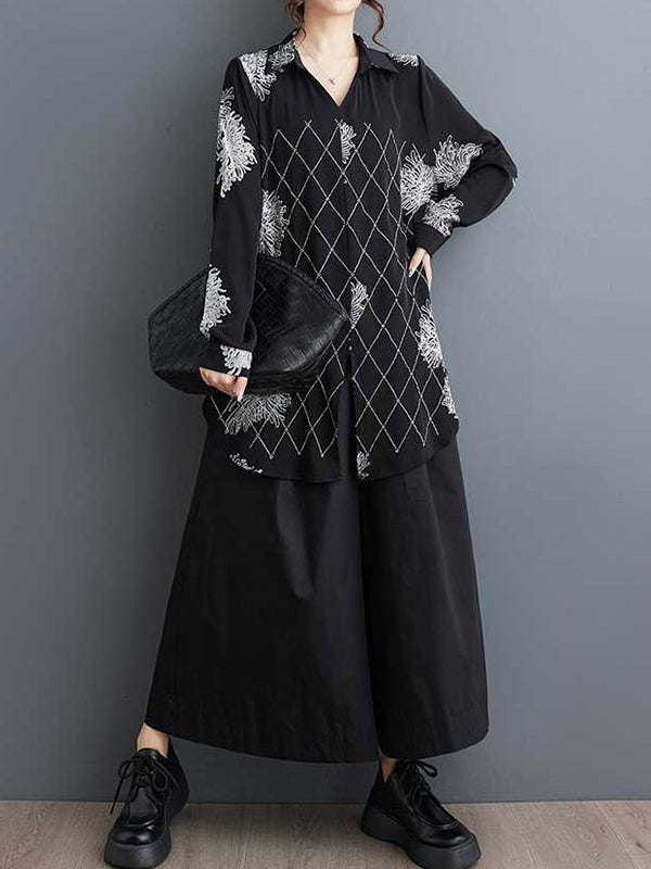 Buttoned Flower Print Pleated Split-front Long Sleeves Loose Lapel Blouses&shirts Tops