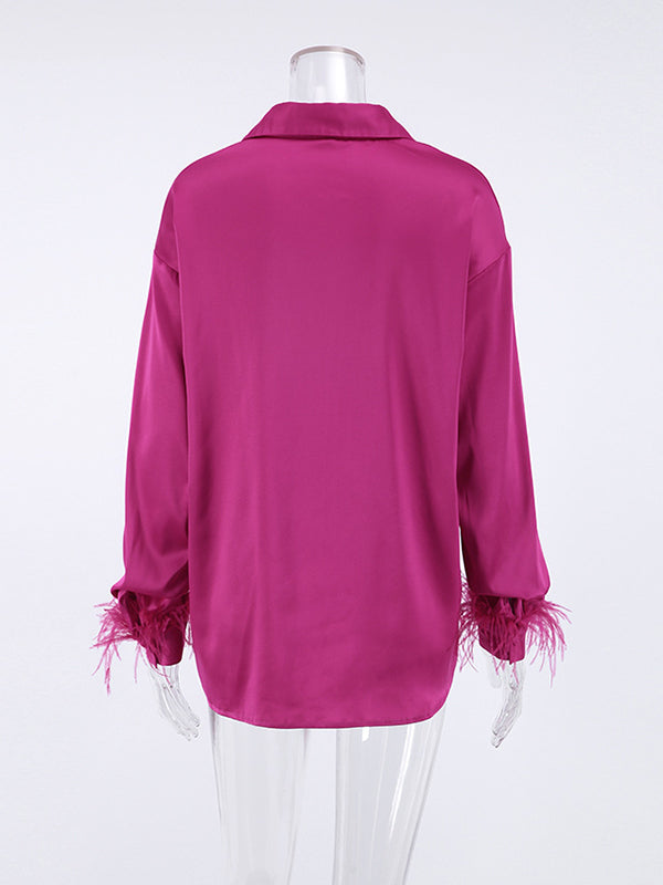 Loose Wrap Feathers Solid Color Split-Joint Lapel Collar Blouses&Shirts Tops