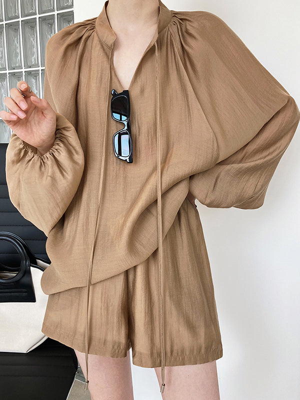 Casual Loose Solid Color Puff Sleeves Blouse&Wide Leg Shorts Two Pieces Set