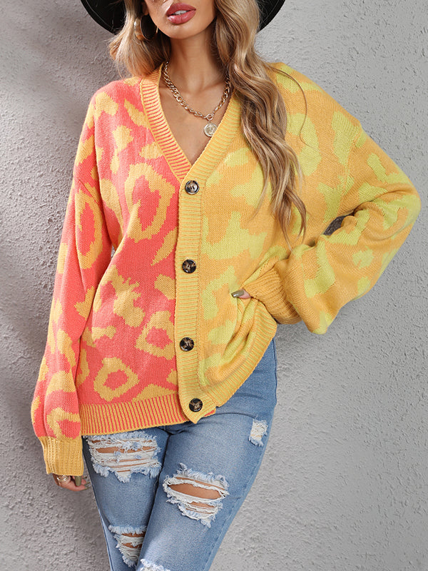 Buttoned Leopard Split-Joint Long Sleeves Loose V-Neck Cardigan Tops