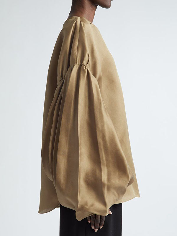 Elasticity Pleated Solid Color Split-Joint Long Sleeves Loose Round-neck Blouses&shirts Tops
