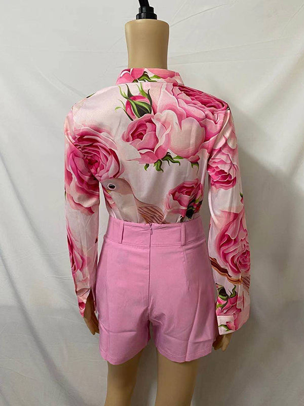 Flower Print Long Sleeves Buttoned  Deep V-Neck Shirts Top +Belted Shorts Bottom Two Pieces Set