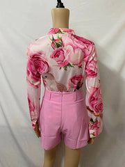 Flower Print Long Sleeves Buttoned  Deep V-Neck Shirts Top +Belted Shorts Bottom Two Pieces Set