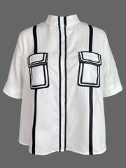 A-line Half Sleeves Buttoned Contrast Color Pockets Mock Neck Blouses&shirts Tops