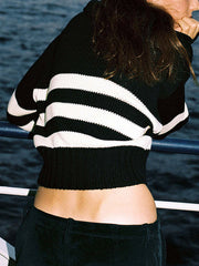 Contrast Color Striped Long Sleeves Loose Lapel Sweater