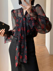 Elasticity Flower Print Mesh Tied Flared Sleeves Long Sleeves V-Neck Blouses&Shirts Tops