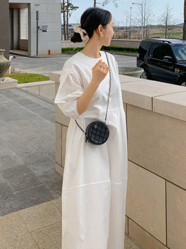 Casual Round-Neck Bishop Sleeve Loose Solid Color Midi Dress