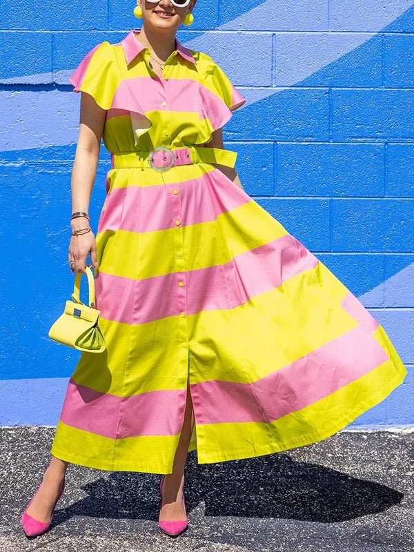 Belted Buttoned Contrast Color Pleated Pockets High Waisted Loose Lapel Shirt Dress Maxi Dresses