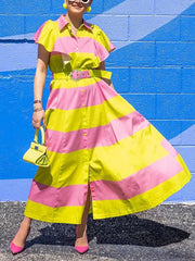 Belted Buttoned Contrast Color Pleated Pockets High Waisted Loose Lapel Shirt Dress Maxi Dresses
