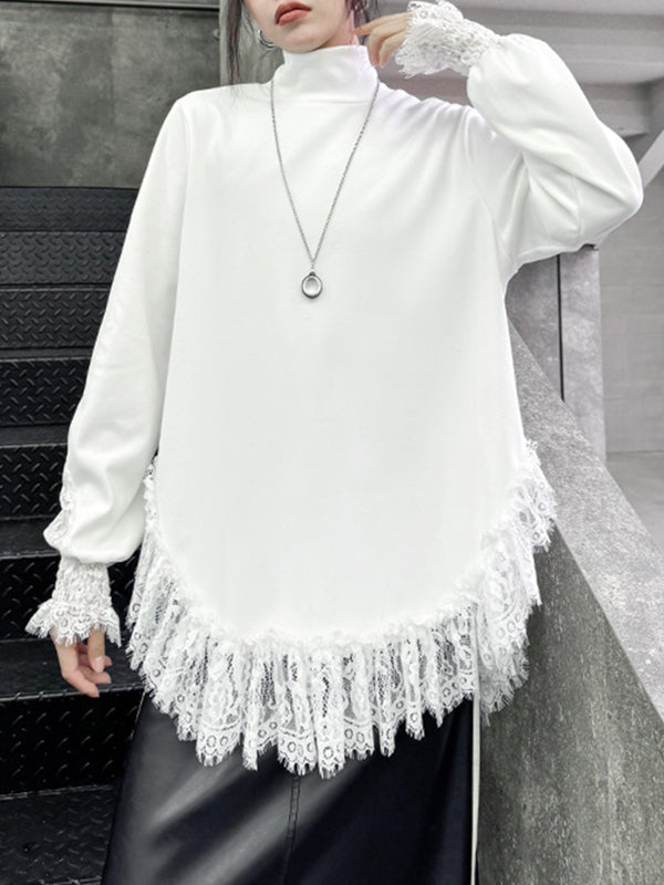 Solid Color Split-Joint Long Sleeves Loose High Neck T-Shirts Tops