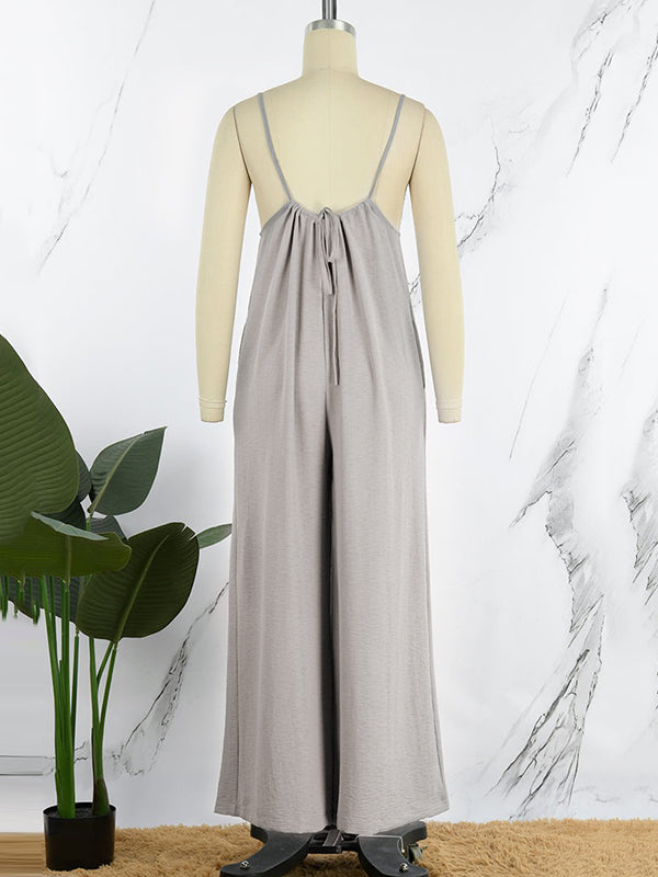 Solid Color Sleeveless Wide Leg Spaghetti-Neck Overalls