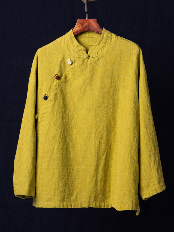 Vintage Ramie Cotton Stand Collar Loose Long Sleeve Shirt