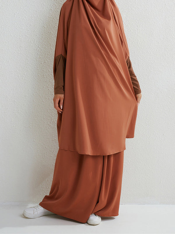 Solid Color Batwing Sleeves Long Sleeves Muslim High Neck Shirts Top + Skirts Bottom Two Pieces Set