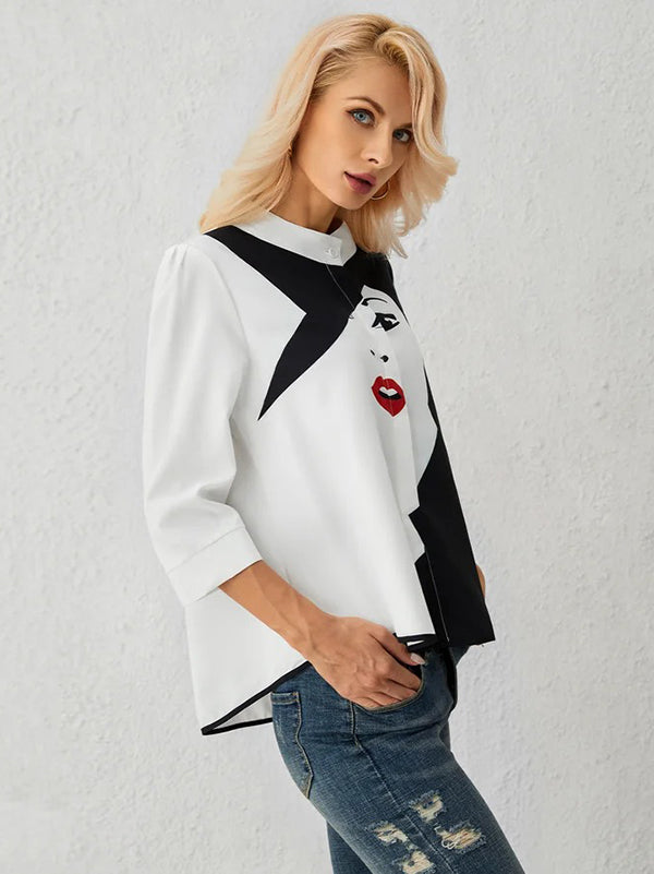 Casual Three-Quarter Sleeves Figure Buttoned Printed Stand Collar Blouses&Shirts Tops