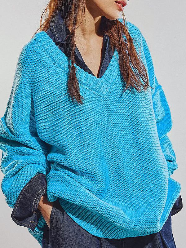 Solid Color Velvet Long Sleeves Loose V-Neck Sweater Tops Pullovers