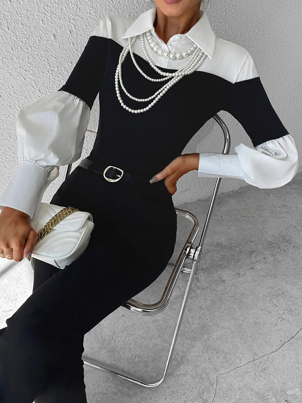 Long Sleeves Loose Buttoned Contrast Color Pleated Split-Joint Lapel Blouses&Shirts Tops