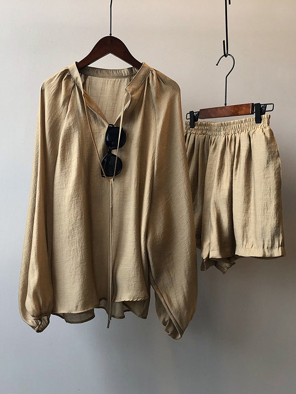 Split-Joint Solid Color  Sun Protection Tied V-neck Long Sleeves Top + Shorts Two Pieces Set