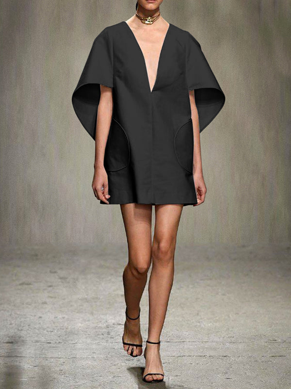 Solid Color Half Sleeves Loose Deep V-Neck Mini Dresses