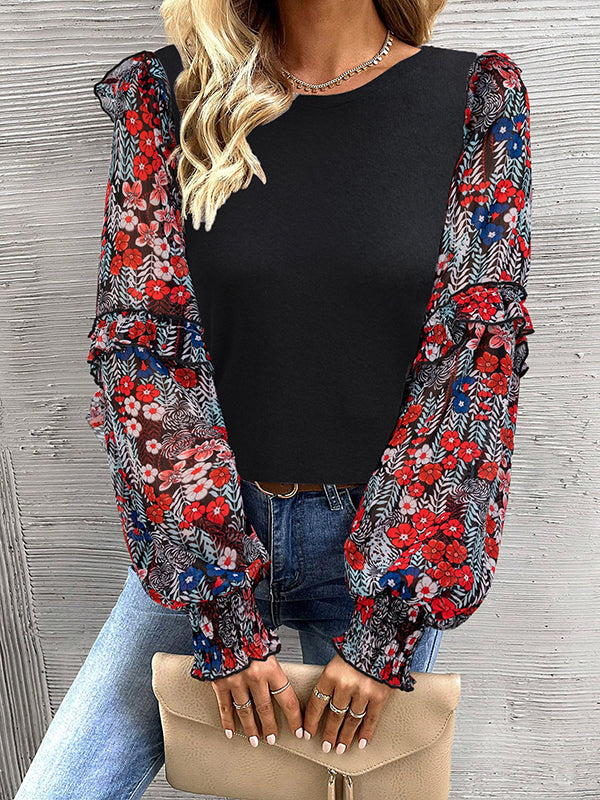 Flower Print Split-Joint Long Sleeves Loose Round-neck Blouses&shirts Tops