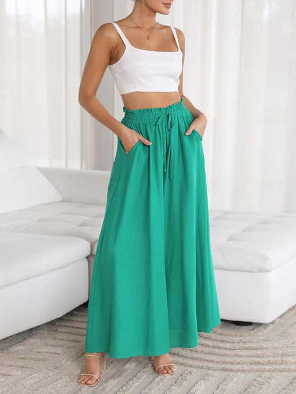 Drawstring Elasticity Pockets Solid Color High Waisted Loose Trousers Pants