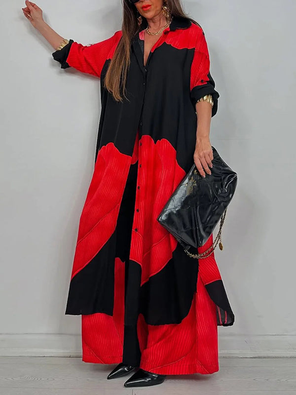 Long Sleeves Loose Floral Printed Split-Joint Split-Side Lapel Blouses&Shirts Tops