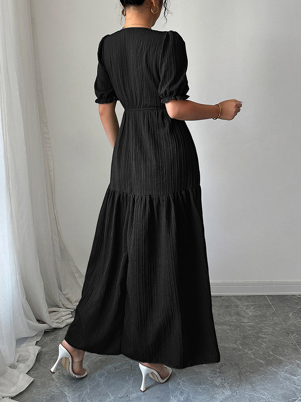 Pleated Solid Color Split-Front Half Sleeves High Waisted V-Neck Maxi Dresses