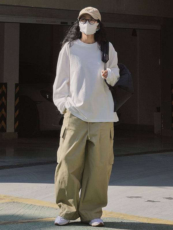 Casual Long Sleeves Loose Solid Color Round-Neck T-Shirts Tops