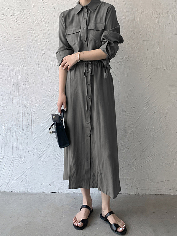 Casual A-Line Long Sleeves Bandage Solid Color Lapel Collar Shirt Midi Dresses